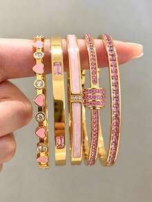 Camhanno 1/5pcs Set Fashionable Luxury Stainless Steel Bracelet, Suitable For Outfit Matching, Also A Great Gift For Friends, Family And Mothers - Pink - View 2