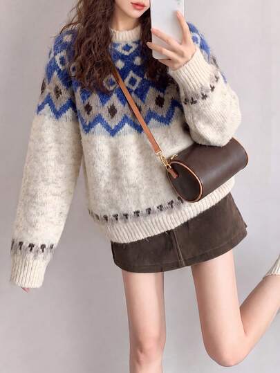 Sweater Pullover Lengan Panjang Rajut Jacquard Vintage Wanita, Atasan Musim Dingin yang Nyaman, Pola Argyle Biru & Putih, Potongan Reguler, Pakaian Rajut Hangat
