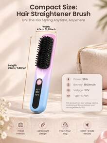 Wireless Negative Ion Straightening Comb, 2-In-1 Straightening & Curling Hot Comb, 3 Temperature Settings 160℃/180℃/200℃, 5D Ceramic Teeth, Type-C Charging Portable Women's Hair Styling Tool, Suitable For Daily & Travel Styling - B - View 9