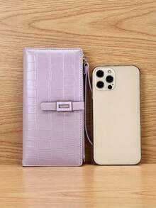 Fashionable Crocodile Embossed Long Wallet PU Mini Wrist Bag With Exquisite Clasp, Folded Wallet Card Holder Coin Purse With Zipper - Mauve Purple - View 5