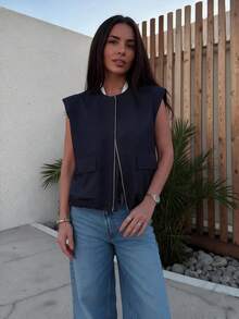 Women's Casual Solid Color Round Neck Zipper Sleeveless Jacket, Practical Pleated Hem Aviator Vest, Suitable For Spring Break And Easter - Navy Blue - View 1