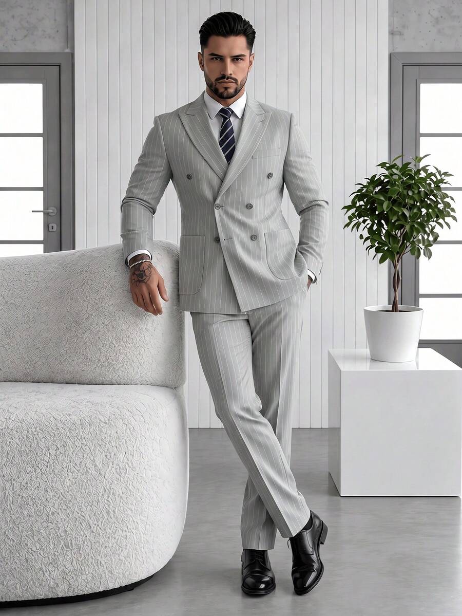Setelan Jas Pria Formal Bergaris, Jaket dan Celana, 2 Potong, Desain Kasual dan Modis, Cocok untuk Musim Semi dan Gugur, Pakaian Sehari-hari - Light Grey - View 1