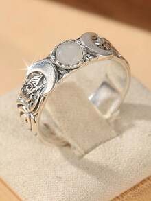Vintage Moon Ring, Engraved Ring, Bohemian Style Women's Jewelry, Daily & Party Accessory - Silver - View 10