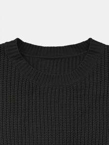 Women's Round Neck Ribbed Solid Color Casual Top + Elastic Drawstring Pencil Knit Pants 2 Pieces Set, Comfortable Daily Wear For Winter - Black - View 6
