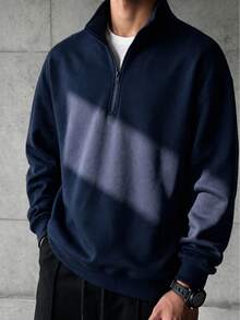 Men's Navy Blue Half-Zip Stand Collar Sweatshirt, Autumn/Winter Relaxed Drop Shoulder Commuter Casual Pullover - Navy Blue - View 9
