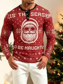 Men's Christmas Santa Claus Print Henley Collar Long Sleeve T-Shirt Top - Multicolor - View 3