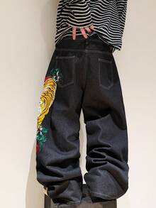 1pc American Street Fashion Tiger Embroidery Men's Loose Wide-Leg Jeans, Comfortable Casual Versatile Denim Pants, All Season - Black - View 3