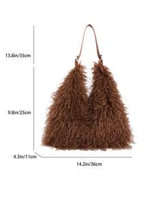 low tea 1pc Crescent Shaped Plush Fabric Shoulder Bag, Suitable For Commuting, Shopping And More - Coffee - View 3