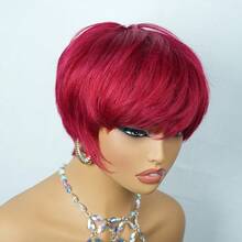 Green & BUG Red Color Layered Pixie Cut Human Hair Wigs For Women 6 Inch Short Pixie Cut Wig 150% Density Full Machine Made Wig With Bangs 1 Pc Human Hair Wig For Music Festival Daily Party Wear - SBUG - View 6