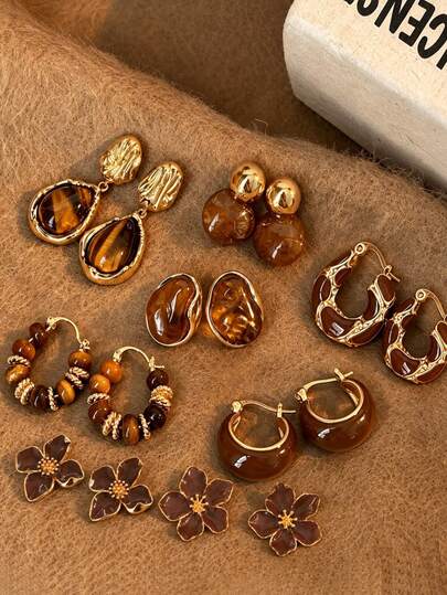 Random 6/12pcs Fashion Minimalist Elegant Vintage Faux Tiger Eye Stone Oil Drop Flower Stud Earrings Maillard Color Palette Earrings Set For Women Holiday Date Party Ball Banquet Festival Birthday Gift Daily Versatile