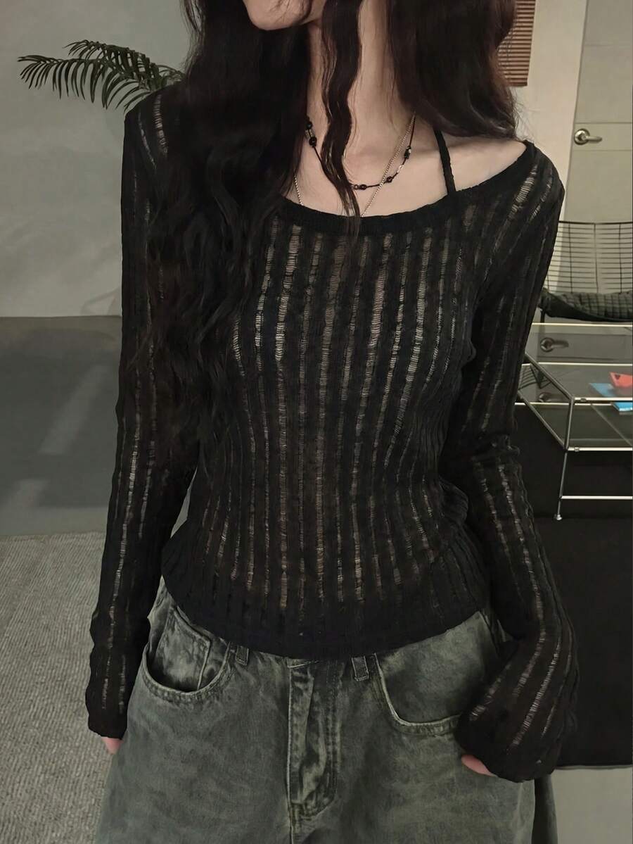 Korean Style Niche Sweet & Cool Short Slim Fit Flattering Versatile Long Sleeve Hollow Out T-Shirt Top (No Inner Layer) - Black - View 1