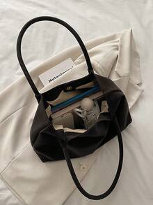 Vintage Large Capacity Solid Color Tote Bag, Lightweight Minimalist Shoulder Bag, Women Daily Commute Vacation Casual Handbag - Coffee - View 4