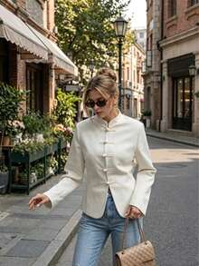 Women's Elegant White Stand Collar Long Sleeve Jacket, Front Button Design, Regular Length, Mid-Layer Shirt Jacket, Autumn/Winter Outfit - White - View 2