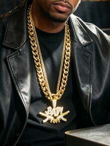 2pcs/Set Letter BABY Machine Gun Shaped Hip Hop Punk Necklace Exaggerated Men's Gold Chain Set, Vintage Punk Style, Suitable For Party, Gathering, Halloween, COS - Gold - View 1