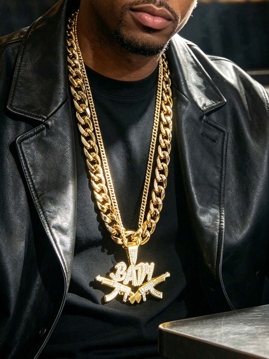 2pcs/Set Letter BABY Machine Gun Shaped Hip Hop Punk Necklace Exaggerated Men's Gold Chain Set, Vintage Punk Style, Suitable For Party, Gathering, Halloween, COS - Gold - View 1