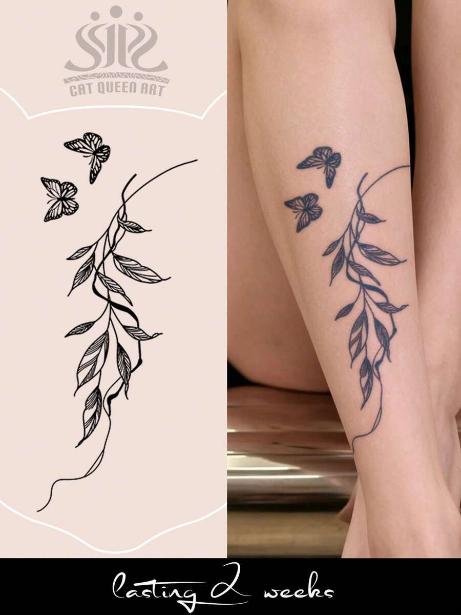 Herbal Juice Semi-Permanent Magic Tattoo Sticker, Minimalist Ins Style Branch Leaf Butterfly Pattern, Long-Lasting 14 Days, No Fading, No Reflection, Temporary Tattoo Sticker For Arm, Leg, Body, 1pc/Pack - Blue - View 1