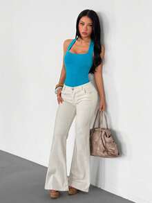 Women's Square Neck Knit Jumpsuit, Square Neck Sleeveless Fitted Solid Color Basic Outerwear Tank Jumpsuit - Blue - View 7