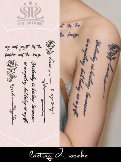 1pc Herbal Juice Semi-Permanent Magic Tattoo Sticker, Minimalist Floral & English Short Phrase Design, Long-Lasting 14 Days, Non-Fading, Non-Reflective, Temporary Tattoo Sticker For Arm, Shoulder, Neck, Collarbone And Body