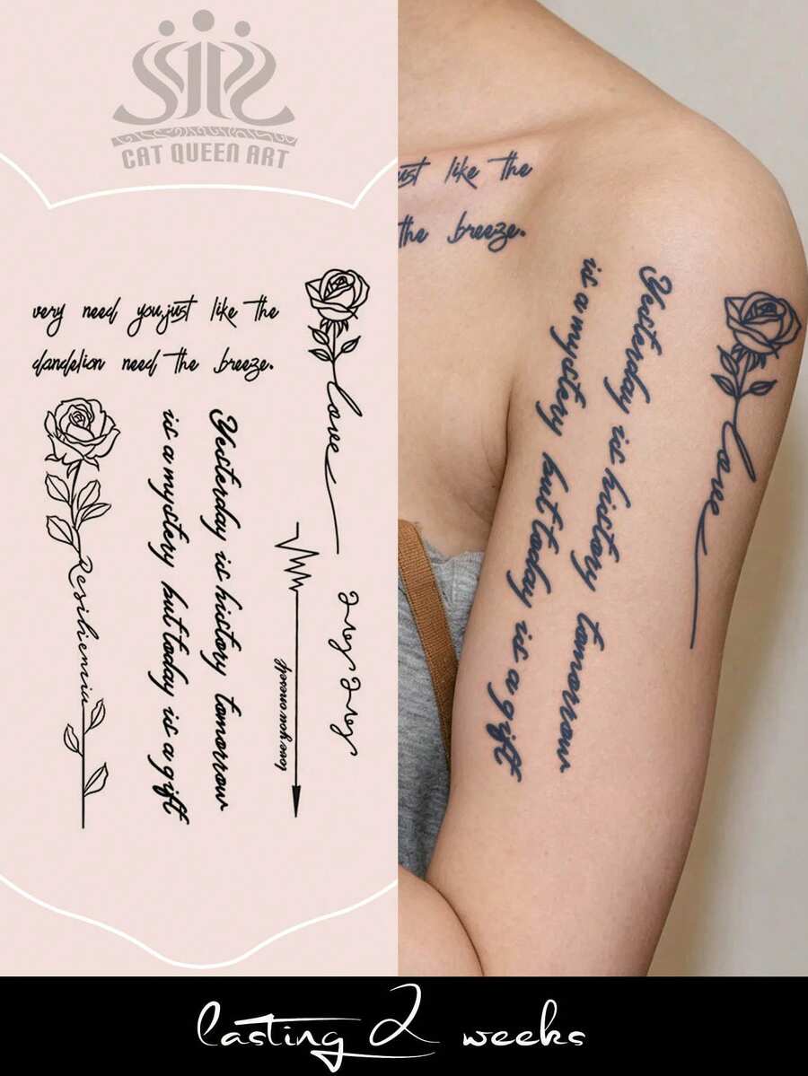 1pc Herbal Juice Semi-Permanent Magic Tattoo Sticker, Minimalist Floral & English Short Phrase Design, Long-Lasting 14 Days, Non-Fading, Non-Reflective, Temporary Tattoo Sticker For Arm, Shoulder, Neck, Collarbone And Body - Blue - View 1