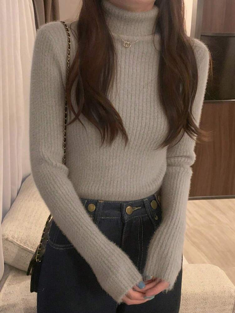 Korean Style Gentle Solid Color High Neck Vertical Ribbed Fuzzy Slim Fit Flattering Long Sleeve Knit Sweater - Grey - View 3