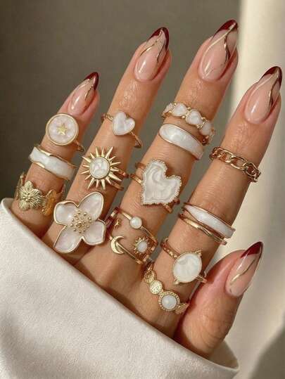 17KM 8pcs/6pcs Women's Ring Set, Fashion Elegant Minimalist Old Money Style High Quality Enamel Heart Flower Wide Band Asymmetrical Rings, Suitable For Women's Daily Wear, Vacation, Date, Party, Gift, Wedding, Holiday, Banquet, Birthday, Travel, Gift For Mom, Girlfriend, Friend, Daughter, Loved One