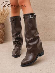 planare New Women's Fashion Ruched Brown Tall Boots With Metal Buckle Vintage Slip-On Pointed Toe Chunky Heel Western Cowboy Boots - Brown - View 5