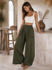 Pantalon long décontracté vintage pour femmes, jambes larges, avec volants plissés, grandes poches, coupe ample, pour les vacances - Vert - Voir 3