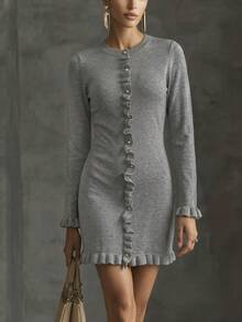 Women's Elegant Grey Ribbed Knit Fitted Long Sleeve Ruffle Hem Metal Button Sweater Dress, Autumn/Winter Date Outfit Fall - Grey - View 3