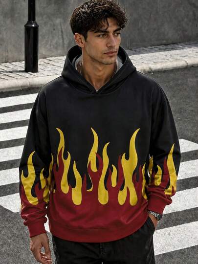 Zrgoth Men's Gradient Flame Print Hoodie, Black Long Sleeve Loose Fit Pullover Sweatshirt, Streetwear Style Loose Top