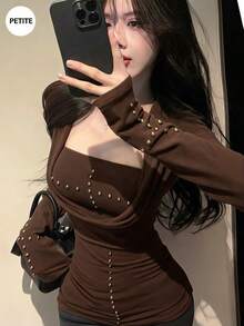American Style Hot Girl Low Neck Long Sleeve Slim Fit Studded Tube Top 2 Pieces Set - Brown - View 3