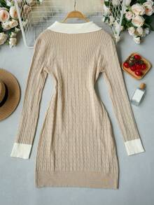 Autumn/Winter New Khaki Color Preppy Style 2 In 1 Polo Collar Contrast Color Cable Knit Slim Fit Bodycon Long Sleeve Knit Dress - Khaki - View 8