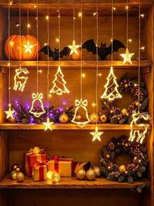 LED Christmas Curtain String Lights, Curtain Lights, Star, Christmas Tree, Bell, Reindeer Shapes, Warm White / Colorful, 8 Flashing Modes, USB Powered, Suitable For Indoor Window, Bedroom, Window, Wall, Bay Window, Fits Home Party, Store Window Holiday Decor, Christmas Party - Christmas Reindeer Bell Curtain Lights - View 8