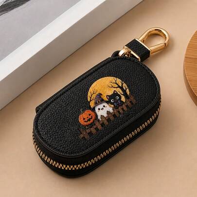 1 Halloween Car Key Box, Pumpkin Ghost Cat Printed Zipper Keychain, Portable Car Key Bag For Remote Car Keys And Daily Storage, Suitable For Gift Givi