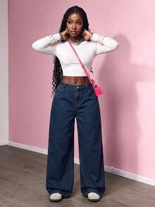 Women's Plus Size Loose Fit Denim Jeans, Long Non-Stretch Vintage Style, With Pockets And Zipper Closure, Original Color Wash Details - Blue - View 5