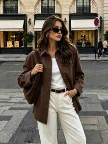 Women's Solid Color Front Button Pocket Casual Shirt - Dark Brown - View 6