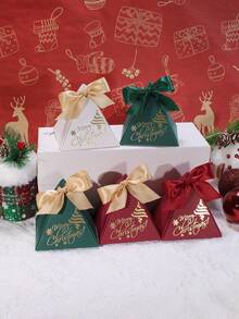 5 Buah Kotak Hadiah Piramida Selamat Natal dengan Pita Satin, Motif Pohon Natal Emas & Kepingan Salju, Kotak Hadiah Mini Elegan Merah Hijau Putih untuk Pesta Natal, Hadiah Liburan, Pernikahan & Acara Meriah - 7,5X7,5X7,5cm - View 2