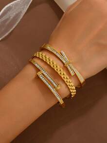 1pc/3pcs Stainless Steel Gold Bracelet Set, 6cm Diameter Small Size Vacuum Plated Zirconia Bracelet Stacking Set, Fade-Resistant, Suitable For Women's Daily Wear - Multicolor - View 7