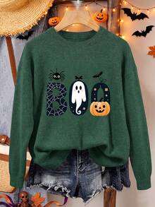 Plus Size Women's Ghost Reading Bookshelf Graphic Casual Pullover Sweater - Dark Forest Green - View 8