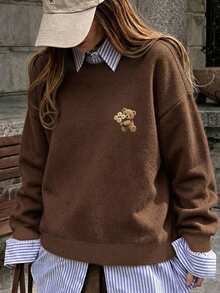Plus Size Women's Ghost Reading Bookshelf Graphic Casual Pullover Sweater - Dark Ochre - View 6
