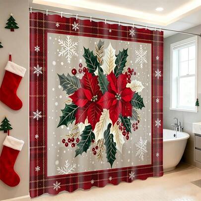 1pc American Vintage Red Plaid Holly Snowflake Waterproof Shower Curtain - Suitable For Bathroom Decor, Bathroom Curtain - Easy To Clean, Exquisite Home Decor, Bathroom Partition Curtain, Decorative Shower Curtain, Bathroom Accessories Home Decor Gift - Includes 12 Hooks