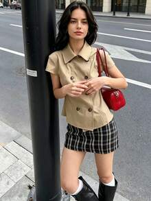 DEEKA Autumn New Women's European And American Style Fashion Minimalist Versatile Solid Color Lapel Double-Breasted Waist-Cinching Shirt - Khaki - View 2