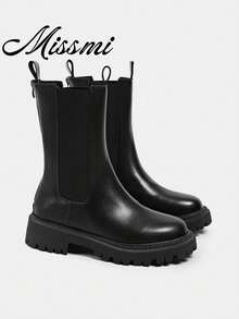 Bestselling Thick Sole Boots For Women, Autumn Winter, Ins-Fashionable, New Style Mid-Calf Rider Boots,Party - Black - View 1