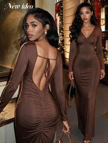 NEW IDEA Women Sexy Elegant Brown Fall Winter Maxi Dress, V Neck Open Back Slit Bodycon For Cocktail Party Gown - Brown - View 1