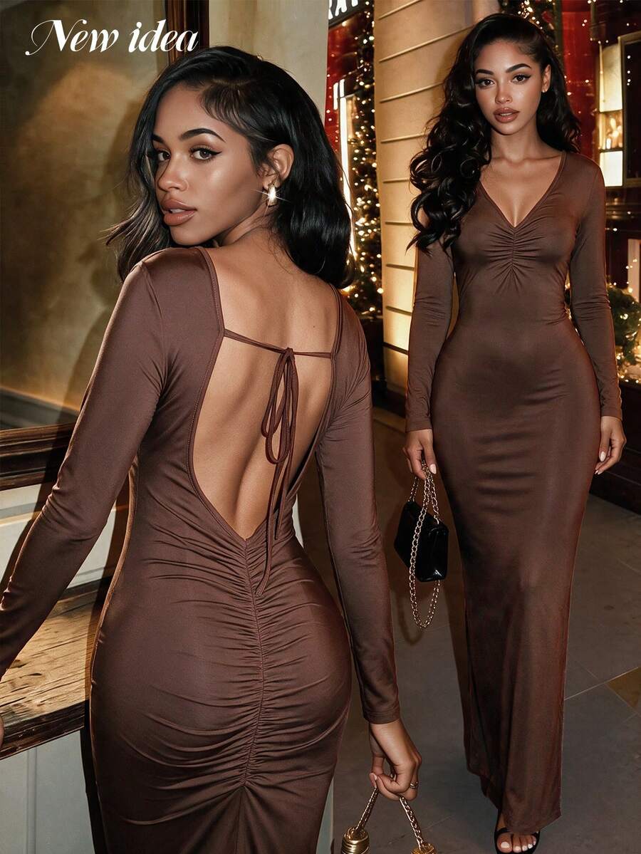 NEW IDEA Women Sexy Elegant Brown Fall Winter Maxi Dress, V Neck Open Back Slit Bodycon For Cocktail Party Gown - Brown - View 1