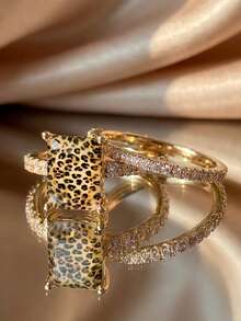 2pcs Gold-Plated Pink Green Leopard Print Square Rings, Fashion Party Statement Style, Sparkling Pave Design, Suitable For Women's Daily Wear And Party Occasions, Great Jewelry Gift Choice - Yellow Gold - View 1