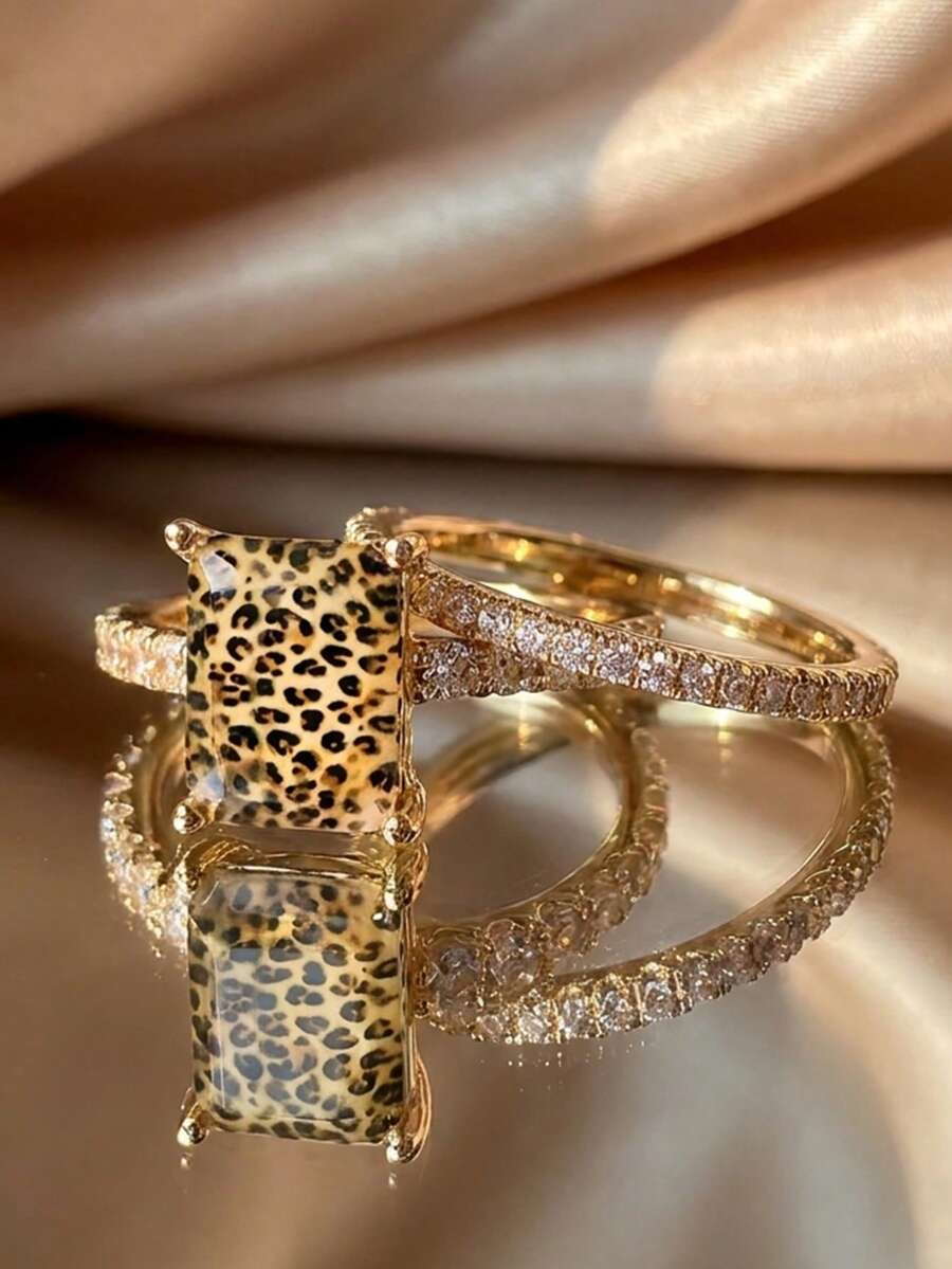 2pcs Gold-Plated Pink Green Leopard Print Square Rings, Fashion Party Statement Style, Sparkling Pave Design, Suitable For Women's Daily Wear And Party Occasions, Great Jewelry Gift Choice - Yellow Gold - View 1