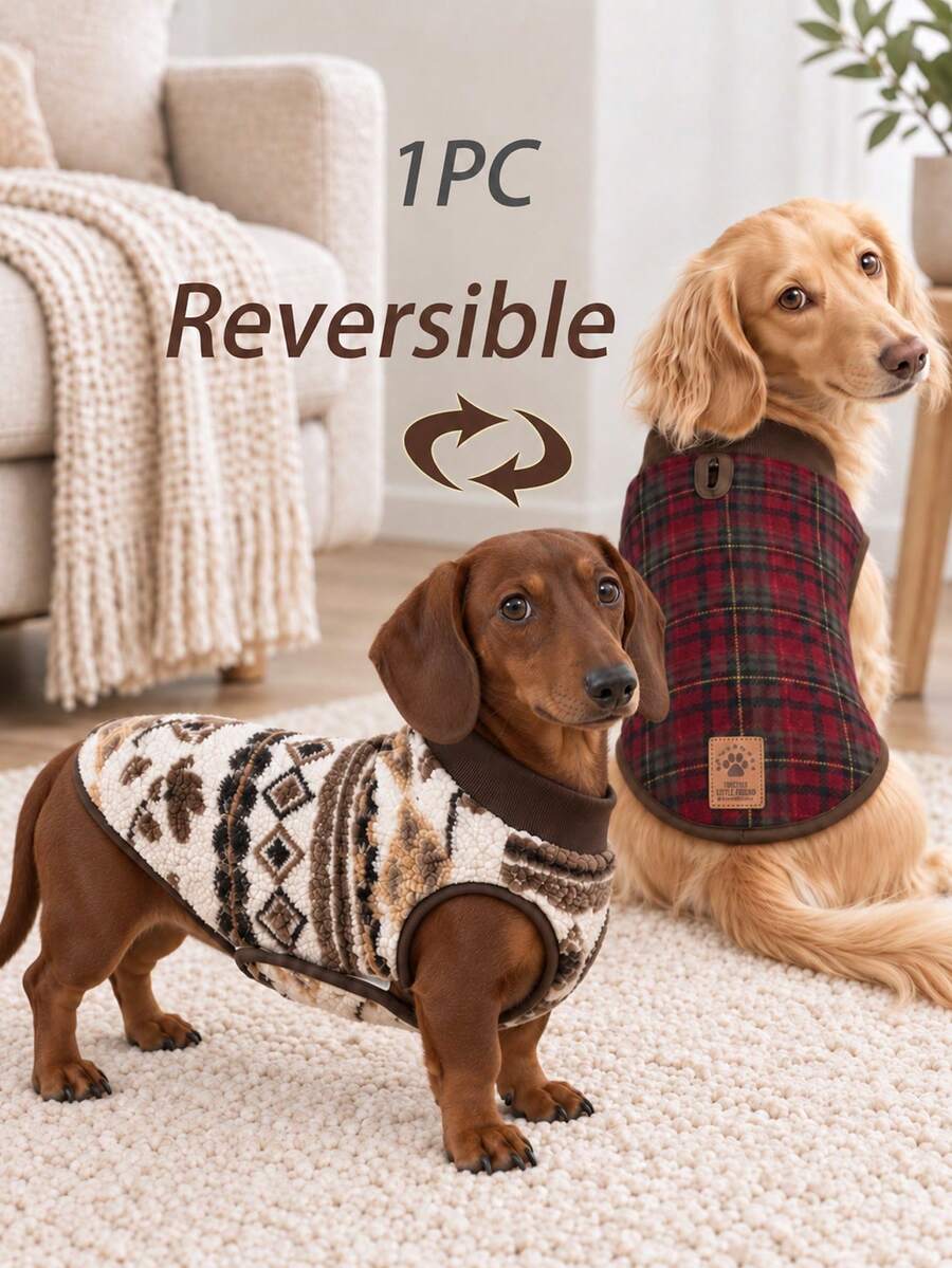 1PC Reversible Mini Dachshund Dog Coat , Fair Isle & Plaid Print Double Sided Sausage Dog Jacket, Slight Stretch Soft Warm Winter Wiener Dog Clothes For Mini And Standard Dackel Teckel Dogs