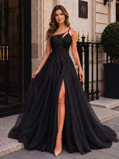 VIPGIRL Elegant Women's Black Asymmetrical Neckline Sleeveless Mesh Sequin Long Formal Evening Gown