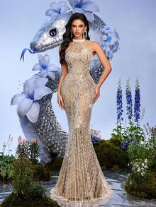 LUVISTRUE Women's Romantic Glamorous Runway Style Sleeveless Mesh Sequin Mermaid Long Formal Evening Gown, Suitable For Prom, Homecoming, Graduation, Wedding Guest, Cocktail Party - Champagne - View 5