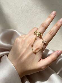 18K Gold Plated Flower Chain Double Finger Ring For Women, Pave CZ Floral Beaded Chain Hand Jewelry Ring, Exquisite Hand Accessory Gift - Gold - View 4